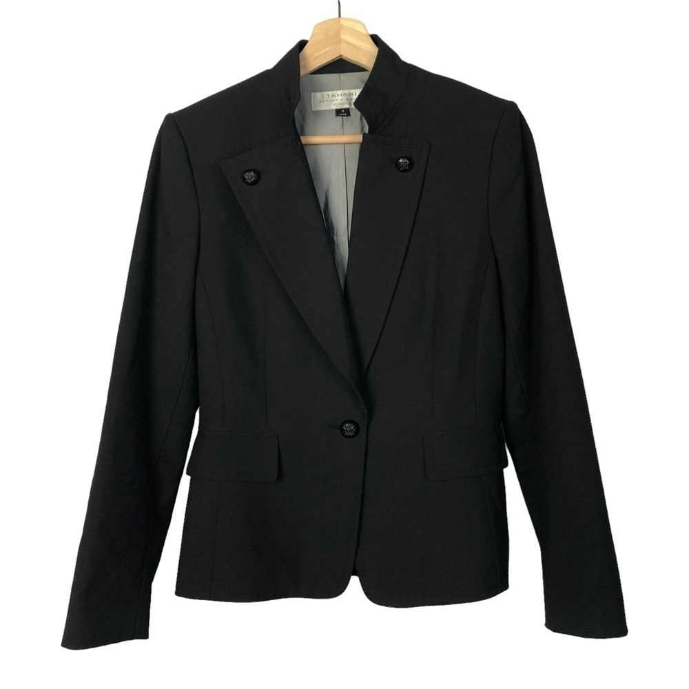 Tahari Black Single Button Military Button Blazer 4